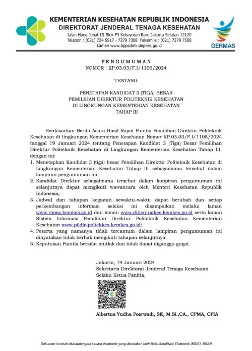 Pengumuman Penetapan Kandidat 3 Besar Pemilihan Direktur Poltekkes Kemenkes Tahap 3