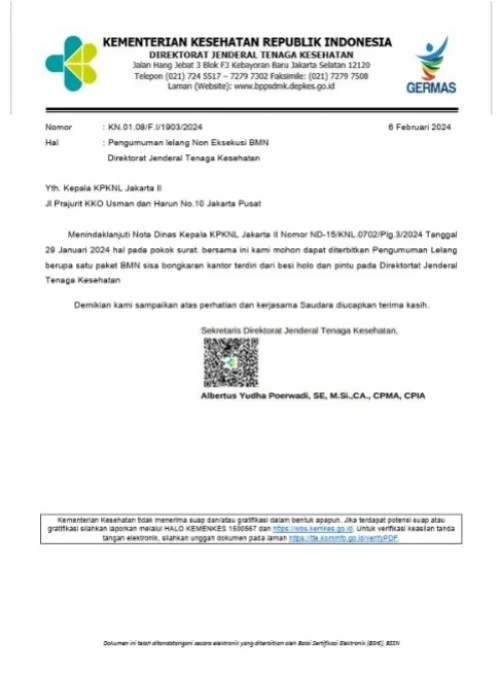 Pengumuman Lelang Non Eksekusi BMN Direktorat Jenderal Tenaga Kesehatan