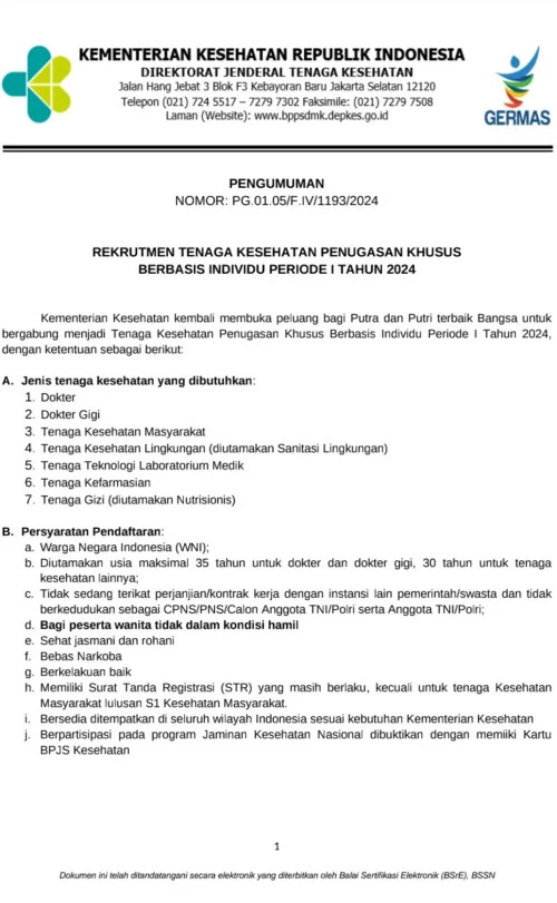 Rekrutmen Tenaga Kesehatan Penugasan Khusus berbasis Individu