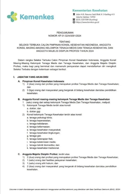 PENGUMUMAN SELEKSI TERBUKA CALON PIMPINAN KONSIL KESEHATAN INDONESIA, ANGGOTA  KONSIL MASING-MASING KELOMPOK TENAGA MEDIS DAN TENAGA KESEHATAN, DAN  ANGGOTA MAJELIS DISIPLIN PROFESI TAHUN 2024