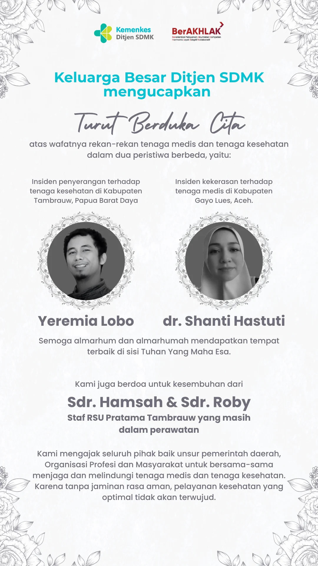 Keluarga Besar Ditjen SDMK Kementerian Kesehatan Mengucapkan Belasungkawa